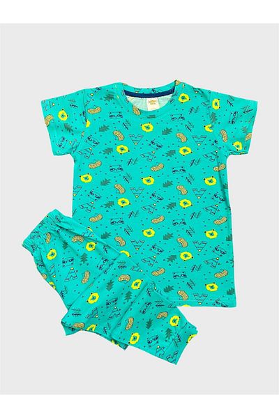 elmas kids Boys' 100% Cotton Green Teddy Bear Patterned Short Sleeve Summer Pajama Set