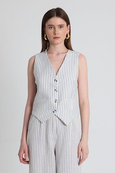 Rays Blue Linen Look 100% Cotton Striped Vest 2323