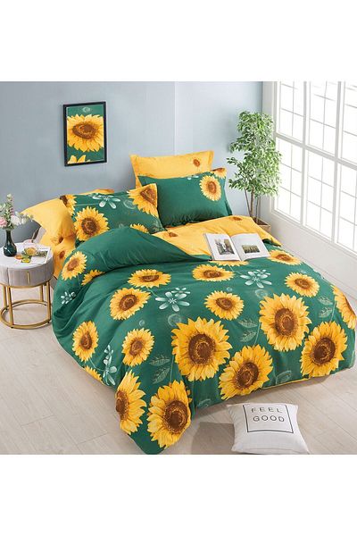 trendyhome Double Bed Linen with Elastic, 6 PIECES, Fine Cotton, Sunflower, Green/Yellow, J244071-ELASTI