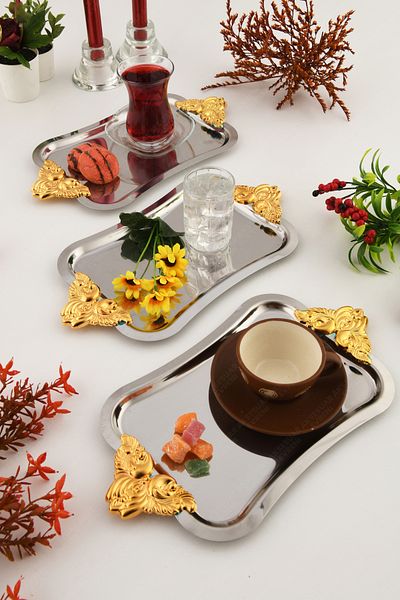 AKSESUAR EVRENİ Filo Silver Colored Gold Handled Stainless 3-Piece Decorative Rectangular Presentation Tray