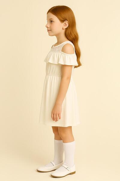 Perendi Κοριτσίστικο βολάν με δαντέλα Λεπτομερές βαμβακερό εκρού φόρεμα