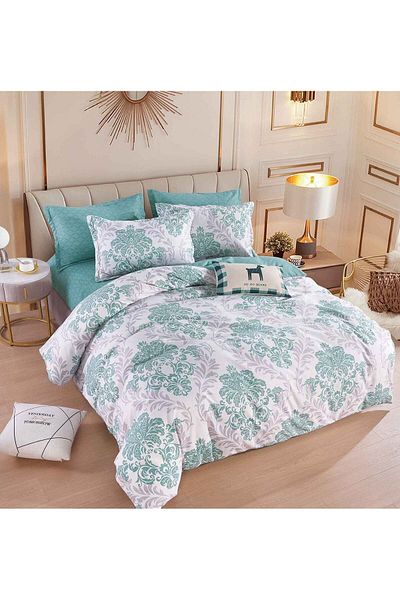trendyhome Double bed linen with Elastic, 6 PIECES, Fine Cotton, Tribal, White/Turquoise, J244070-ELASTIC