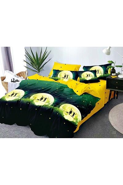 trendyhome Double Bed Linen, 6 Pieces, Fine Cotton, People and the Moon, Green/Yellow, ST8653