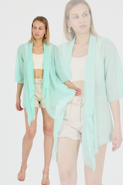 Laranor Mint Shawl Collar Flywheel Sleeve Chiffon Kimono Kaftan Beach Clothing 25L8101
