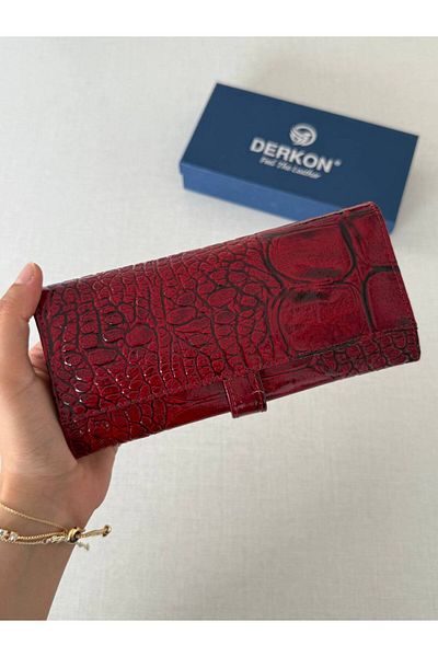 DERKON Crocodile Patterned Genuine Leather Women's Wallet Claret Red