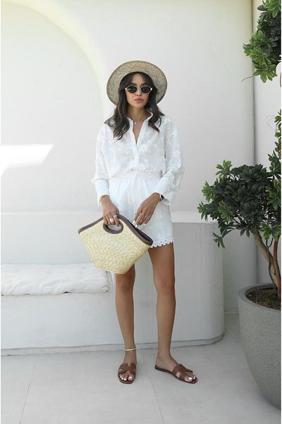Havoş Ecru Floral Embroidered Shirt Shorts Set