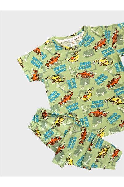elmas kids Boy's 100% Cotton Green Dinosaur Patterned Short Sleeve Summer Pajamas Set