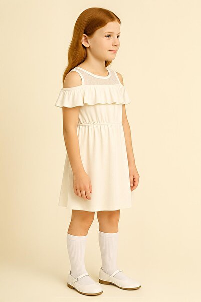 Perendi Κοριτσίστικο βολάν με δαντέλα Λεπτομερές βαμβακερό εκρού φόρεμα