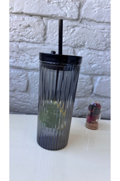 ARİN MODA ARİN HOMTEKS'DEN RAİNBOW RENKLİ CAM VAKUM KAPAKLI PİPETLİ BARDAK SİYAH