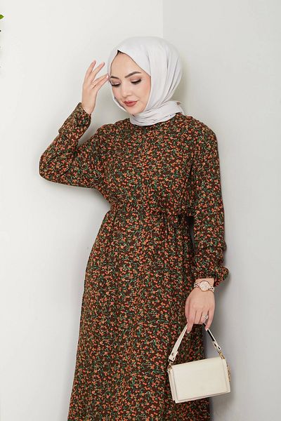 Moda MSK Floral Pattern Belted Dress Brown