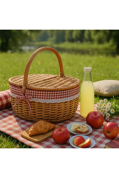 welcomein Natural Wicker Picnic Basket – Red Checkered Fabric Lined, Handmade, with Lid and Carrying Handle
