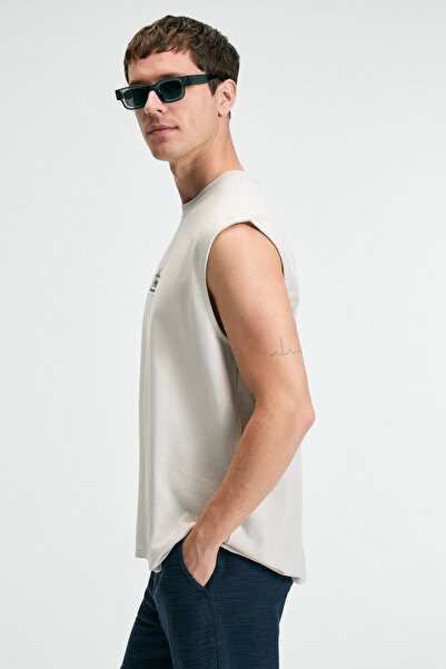 GRIMELANGE Phase Men's Print Detailed Crew Neck Oversize Fit Beige T-Shirt