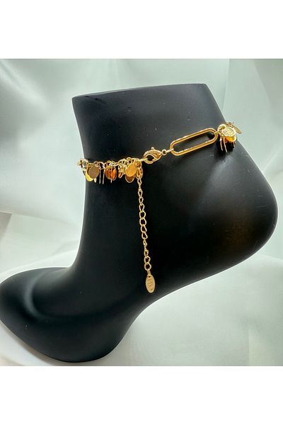Mila Lumiere Oval Plate Hanging Sequin Thick Chain Gold Gold Color Steel Anklet