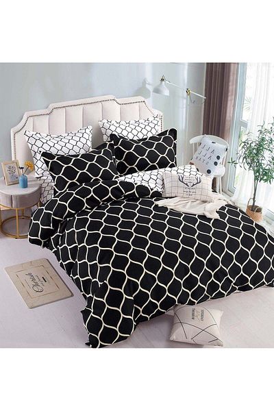 trendyhome Double bed linen 2 people, 6 pieces, Fine cotton, White/Black, J11605