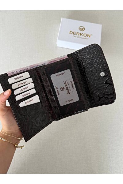 DERKON Γυναικείο πορτοφόλι μεσαίου μεγέθους από γνήσιο δέρμα καφέ με σχέδιο κροκόδειλου