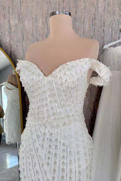 Lenta Moda White Off Shoulder Tassel Beading Overlay Mini Evening and Wedding Dress