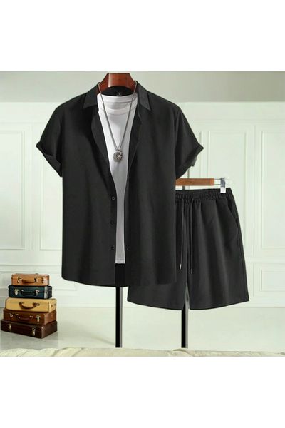Fifty Color Alaçatı Style Men's Short Sleeve Shirt and Shorts Wrap Crinkle Suit