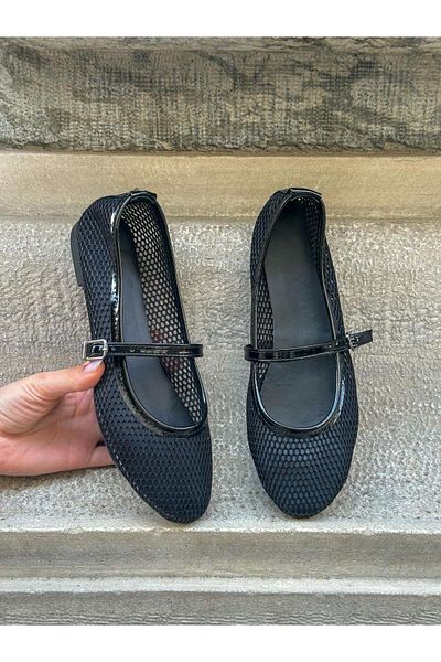 ERVANIN BUTİĞİ Black Mesh (Fley) Tape Detail Elastic Women's Ballerinas