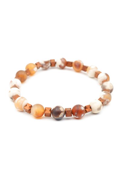 Bu Farklı Earth Tones Natural Agate Stone Bracelet - Cube Hematite Detailed - Women's Men's Bracelet