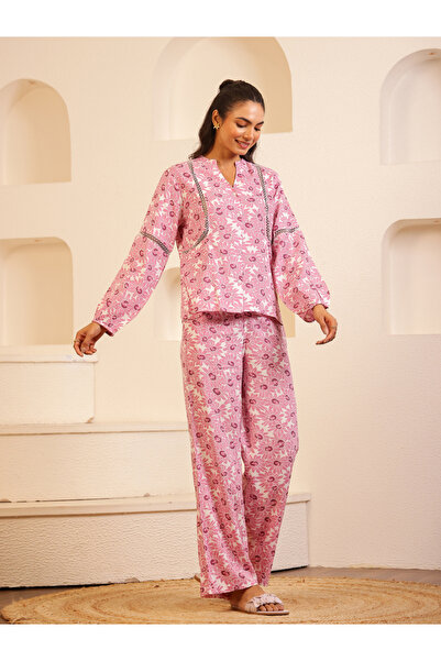 Sanskrutihomes By Styli Women Pink Floral Print Lace Trim Shirt and Pyjama Set