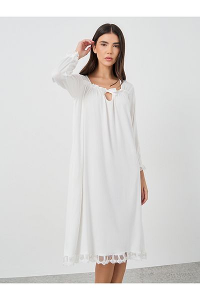 Styli Solid Lace Trim Long Sleeve Nightdress