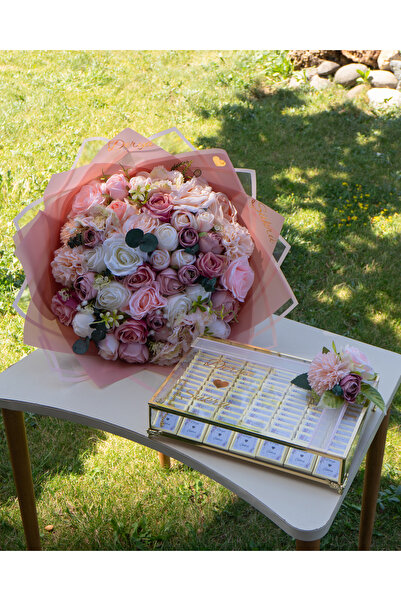 FilizKonuk Kız İsteme Çiçeği, Nişan Buketi için Yapay Çiçek ve Gold Cam Çikol...