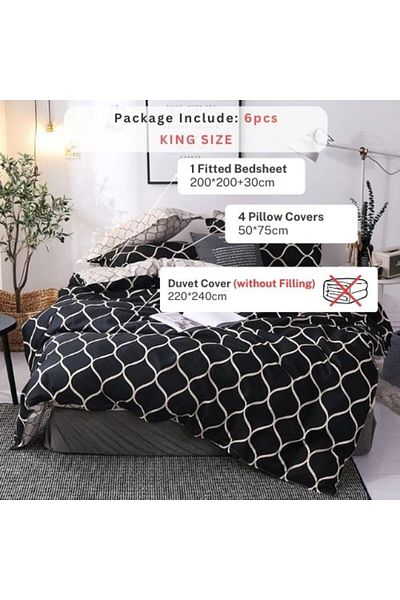 LUNA HOME King size bedding set of 6 pieces, Black geometric design.