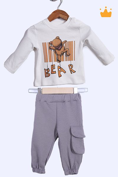 Babyhola Baby Girl and Boy 2-Piece Teddy Bear Badi Pants Bottom Top Set Gray