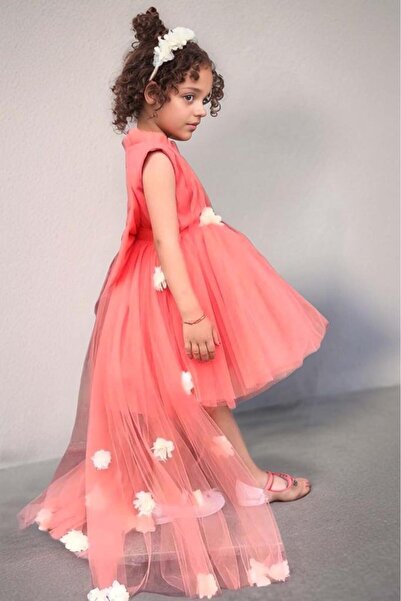 Riccotarz Kız Çocuk Dik Yaka Beli Manşetli Çiçek Detaylı Kuyruklu Kabarık Mercan Abiye