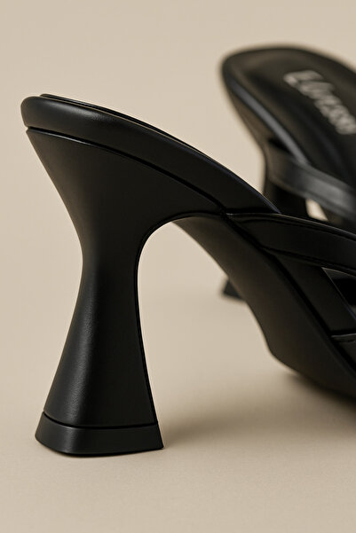 Elvessa Women's Black Skin 5 cm Thin Heeled Slippers, Stylish Model with Bow Detail