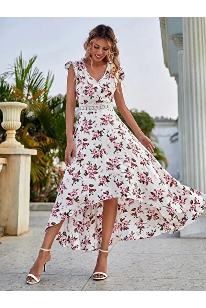 JANES Γυναικείο καλοκαιρινό φόρεμα με λουλουδάτο μοτίβο με λαιμόκοψη V με κοντό μανίκι με μονόχρωμο ύφασμα μπροστά κοντό πίσω μακρύ
