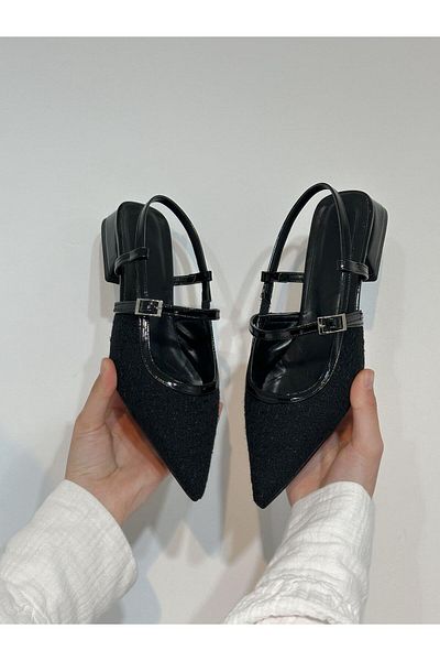 ERVANIN BUTİĞİ Black Tweed (Alina) Women's Ballerinas with Belt Detail