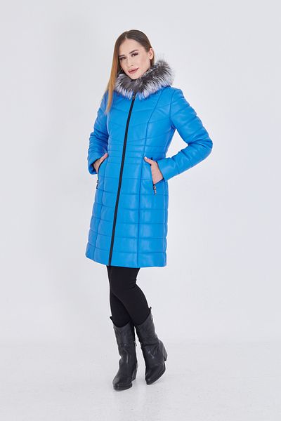 By Marki Marki Women's Blue Leather Puffer Coat – Special Fur Hood, Zippered, 90 cm - 1049