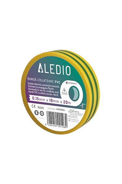 ALEDIO Bandă izolatoare din PVC, 0,15 mm x 18 mm x 20 m, Verde-Galben, Aledio