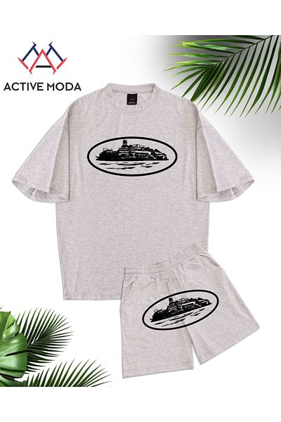 ACTIVE MODA - Men's Short Sleeve Cotton Tshirt-Shorts 2-Piece Set Oversize Gray Color