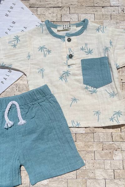 PALMMAMA 100% Muslin Baby Boy Summer Shorts Set Set of 2 Palm Pattern Blue 0-2 Years Old Newborn Gift