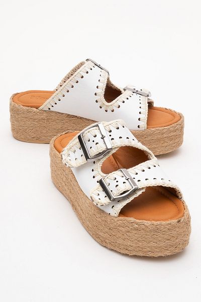 Dericlub Dericlub Women's Straw Thick Sole Double Banded Slippers Real Leather Zy 8090 White