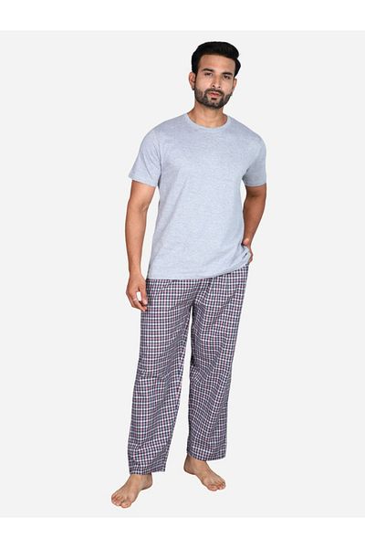 Victor and Jane By Styli Solid Short Sleeve T-Shirt and Checked Pyjama Set
