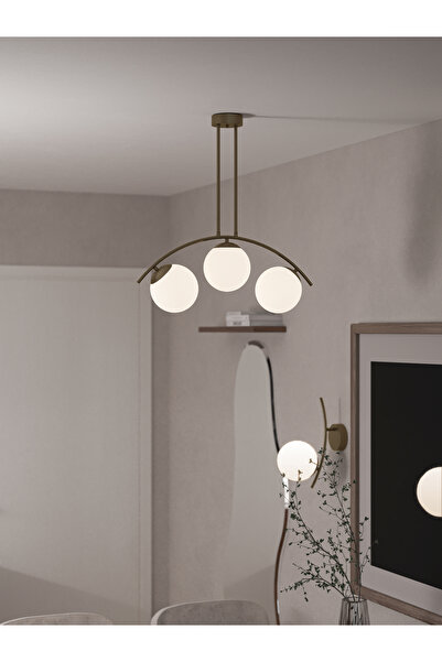 avizade LAL Yay Formlu Şık 3’lü Avize | Eskitme Gövde ve Beyaz Cam Küre – Mod...