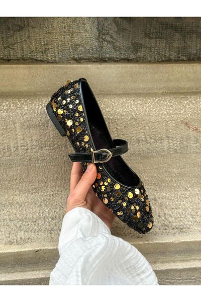 ERVANIN BUTİĞİ Black Gold (Sage) Women's Ballerinas