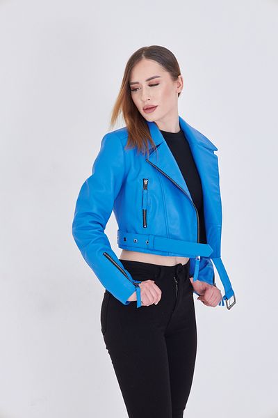 By Marki Marki Women's Blue Genuine Leather Crop Jacket – Biker Style, Double Breasted Collar, Belted, 52 cm - 117622