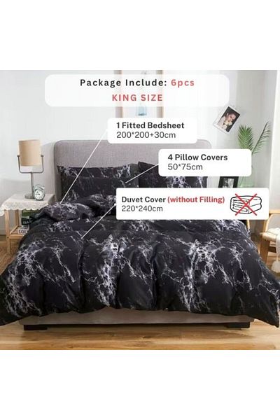 LUNA HOME King size bedding set of 6 pieces, Black Marble design.