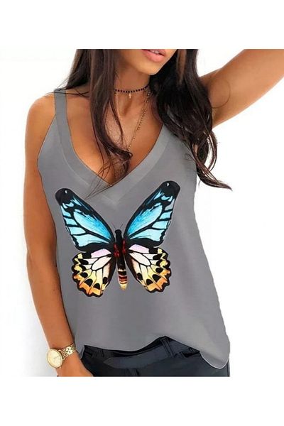 Modayakamoz Women's Strap Sandy Fabric Blouse – Butterfly Print, Lightweight and Stretchy Structure