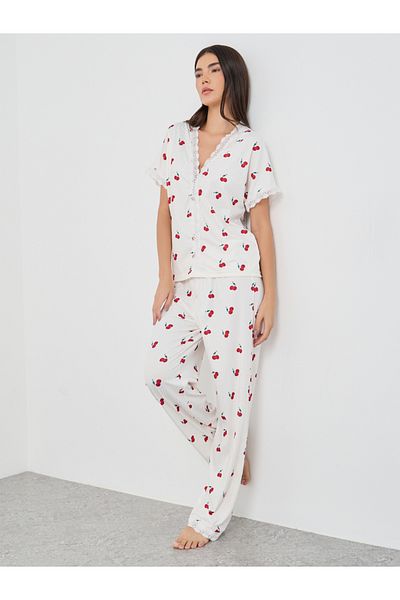 Styli Cherry Print V Neck T-Shirt and Pyjama Set