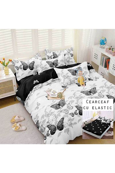 OEM Lenjerie Bumbac Satinat, Pucioasa, 2 Persoane, Pat Dublu, Cearceaf cu elastic, 4 Piese