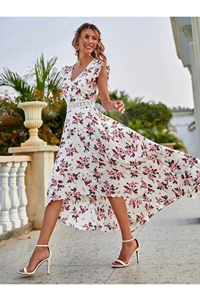 JANES Γυναικείο καλοκαιρινό φόρεμα με λουλουδάτο μοτίβο με λαιμόκοψη V με κοντό μανίκι με μονόχρωμο ύφασμα μπροστά κοντό πίσω μακρύ