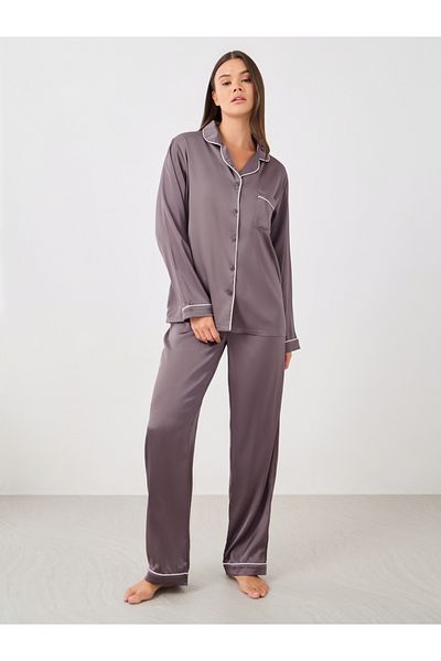 Styli Piped Detail Matte Satin Long Sleeve Pocket Shirt and Pyjama Set