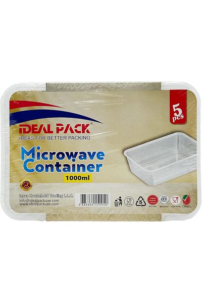 Ideal Pack Microwave-Safe Square Food Containers with Lids – 1000 ml | 5 Pack | Reusable, BPA-Free