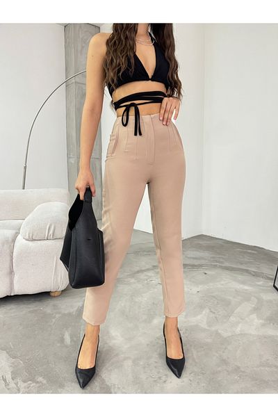 BİKELİFE Women's High Waist Collet Skinny Leg Fabric Trousers