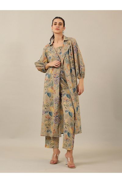 Sanskrutihomes By Styli Women Beige Floral Printed Pure Cotton Top and Pyjama Set with Jacket
